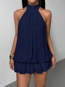 Vestido mini elegante de mujer con escote halter y lazo en color beige - Azul marino - Ver 3