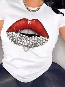 1 Piece Of Women's Casual Short-Sleeved Round Neck T-Shirt, With A Breathable Design, Vibrant Red Lips And Rhinestones, Ideal For Spring And Summer, Offering A Relaxed Fit And Comfortable Fabric, 180g 100% Cotton. - 白色的 - 查看 1