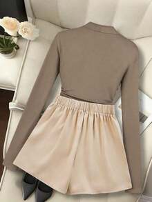 Nuevo conjunto de moda elegante estilo francés, blusa de cuello cuadrado con pliegues que favorece el busto, camiseta de manga larga de ajuste ceñido + falda-pantalón asimétrica de cintura elástica, conjunto casual y versátil de 2 piezas para muje - Multicolor 3 - Ver 3