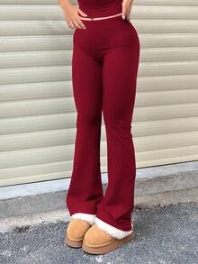 Pantalones acampanados de cintura ancha de unicolor casual para mujer, leggings delgados de cintura alta con pliegues, primavera - Rojo - Ver 4