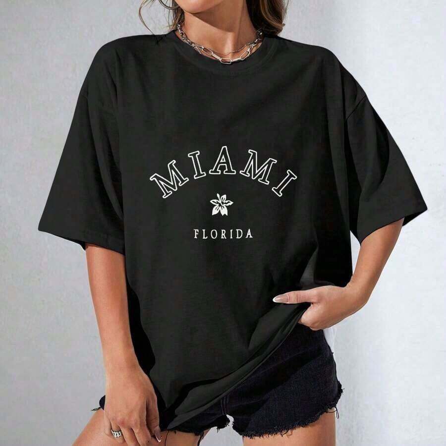 Camiseta unisex 100% algodón de gran tamaño con la inscripción "Miami, Florida", imprescindible para las damas.100% algodón. - Negro - Ver 1