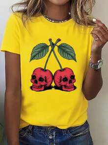 Camiseta Casual Deportiva para Mujer con Estampado de Calavera y Cerezas - [Rojo] - Ver 10