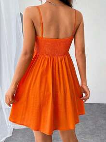 Vestido De Tirantes Con Pliegues Sólidos Para Mujeres - Naranja - Ver 2