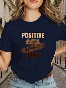 Y2K Style T-Shirt For Women With Oversized Geometric Logo Print And "Positive Lifestyle Attitude, Brown Letters" Design - Slim Fit Short Sleeve Top, Casual Summer Shirt In Black And Gold, Machine Washable Stretch Fabric (Anti-Wrinkle) - 100% Cotton. - 黑色 - 查看 7