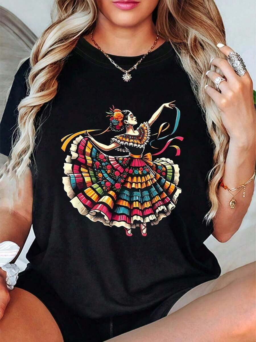 Women's Short-Sleeved T-Shirt With A Round Neck, Retro Mexican Mariachi Dancer Style, Casual Summer Style, Lightweight And Breathable, Made Of Pure Cotton. Women's Blouses/Shirt - 黑色 - 查看 1
