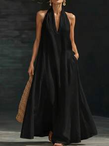 Women's Solid Casual Dress Summer 2026, Elegant Loose V-Neck Mini Midi Dress For Everyday Wear - 黑色 - 查看 1