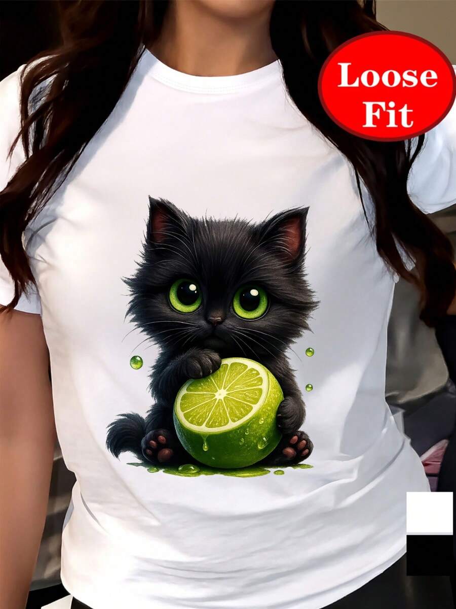Camiseta de manga corta con cuello redondo y estampado de gato lindo y limón, top casual para primavera y verano, ropa de mujer de talla grande - [Blanco] - Ver 1