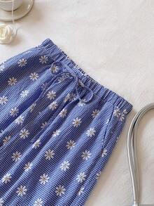 Conjunto de top de tirantes y pantalones casuales relajados con estampado de margaritas bordadas en cuadros azules y blancos para mujer en otoño/invierno - Azul y blanco - Ver 5
