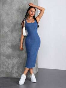 Tall Vestido midi de jean de manga hombros abierta, cuello cuadrado, ajustado y entallado para fiesta y vacaciones - Azul - Ver 10