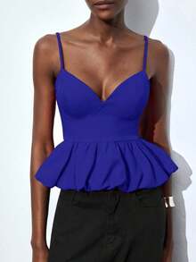 Maija Top de tirantes finos de unicolor con volantes en el bajo, para uso urbano, casual de oficina, elegante para fiestas de Navidad y Año Nuevo, ropa de mujer - Azul - Ver 7