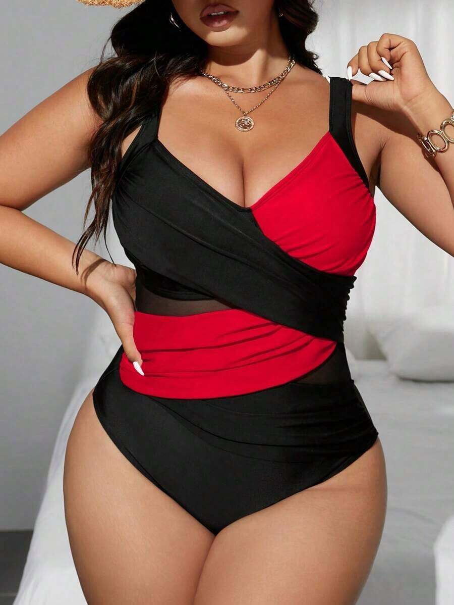 Swim  Traje de baño de una pieza de corte slim, con parches de malla de dos tonos y cruzados, para mujer de talla grande.Ideal para el verano y las vacaciones en la playa. - Multicolor 4 - Ver 1