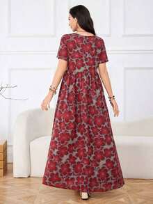 Lacomfia Vestido largo de mujer de manga corta, cuello redondo, estampado floral, holgado, de uso casual para primavera/verano - Multicolor - Ver 2