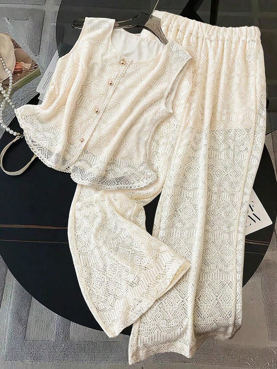 2 piezas Nuevos pantalones sueltos de punto calado de mujer para primavera/verano, conjunto casual para vacaciones en la playa (Patrón cortado al azar) - Albaricoque - Ver 1