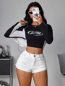PETITE Shorts mezclilla desgarro bajo crudo - Blanco - Ver 4