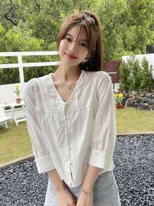 Blusa Con Botones Frontales, Manga Abullonada Y Detalle De Encaje - Blanco - Ver 5