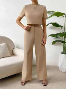 Camisa crop unicolor & Pantalones de pierna ancha - Camel - Ver 2