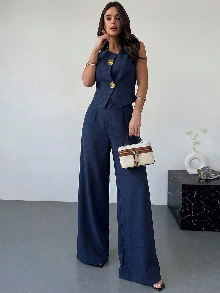 Set de 2 piezas de primavera para mujer: top asimétrico con hebilla de metal de sensación de lino caqui y pantalones anchos de cintura alta adelgazantes, elegante ropa de oficina - Azul marino - Ver 1