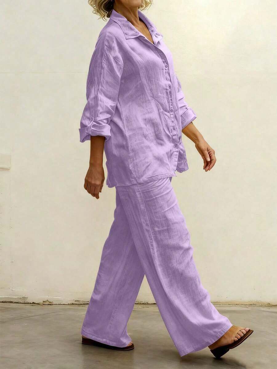 Cardigan casual con cuello polo ligero, blusa elegante de unicolor versátil adecuada para la playa, el diario, el trabajo, las compras, de tela suave, pantalones sueltos con cintura elástica, conjunto de 2 piezas, primavera/verano/otoño - Lila Púrpura - Ver 1