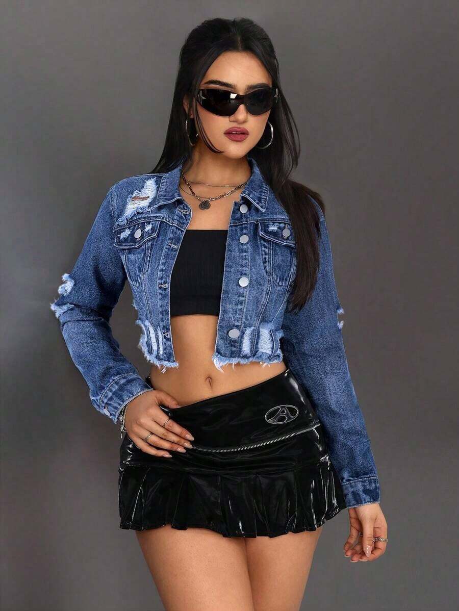 ICON Chaqueta corta de jean, casual y de moda para el uso diario - Azul lavado oscuro - Ver 1