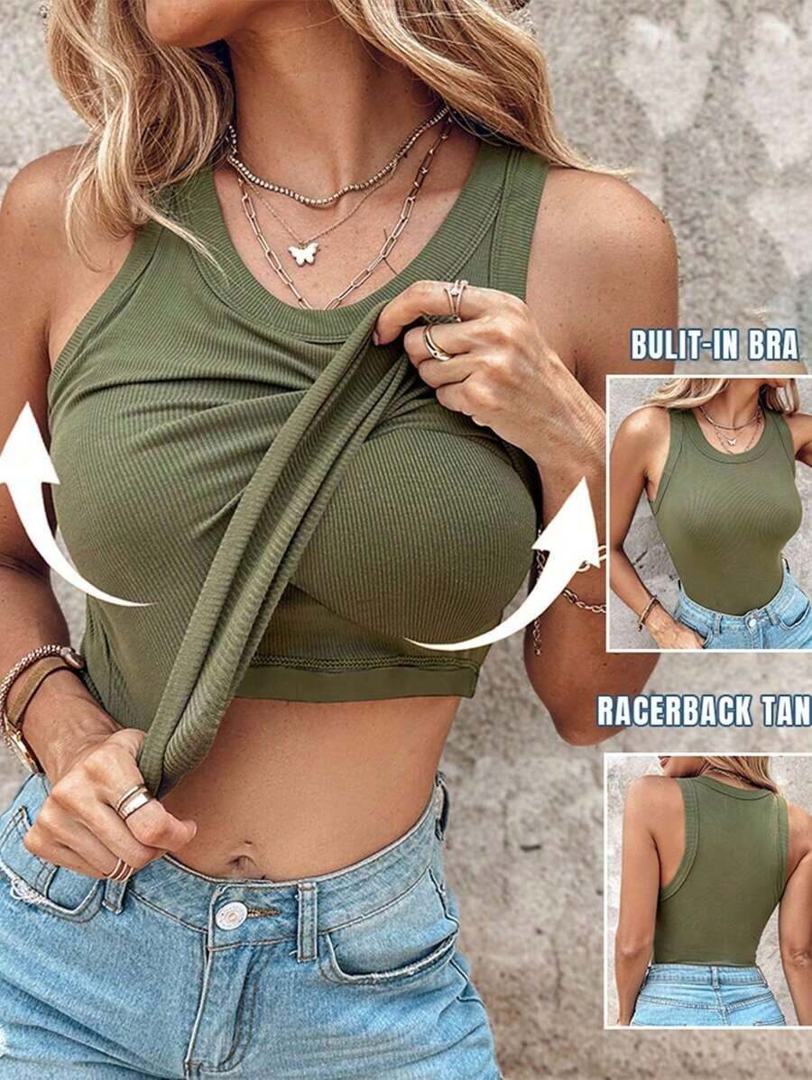 ChicMe Top básico de punto acanalado con cuello redondo, ajustado, sin mangas, con sujetador incorporado, elegante y casual, color blanco para el verano - Verde militar - Ver 1