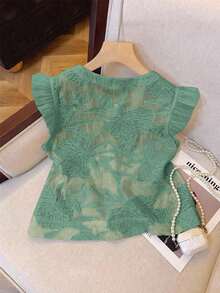 Camisa de mujer con botones y mangas cortas con bordado floral, versátil - Verde - Ver 6