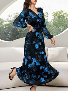 Vestido elegante de manga larga con cuello en V y estampado de bloques de color para mujer - Azul - Ver 5