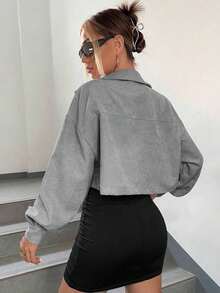 Chaqueta corta de pana con detalle de solapa en el hombro para otoño/invierno - Gris 2 - Ver 2