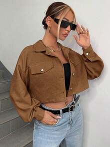 Chaqueta corta de pana con detalle de solapa en el hombro para otoño/invierno - Marrón - Ver 4