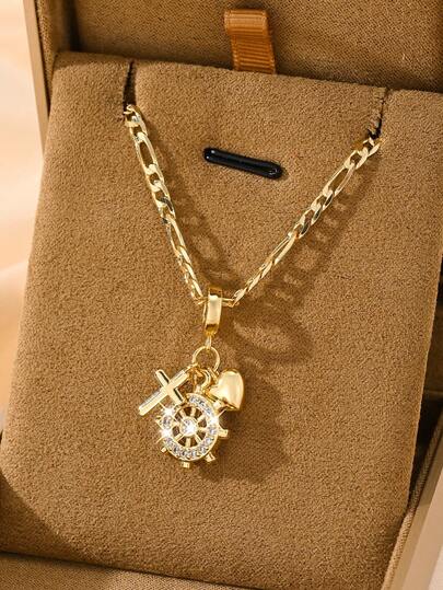  1pc Classic European & American Style Copper Inlaid Zirconia Small Vintage Gold Rudder, Cross, Heart Pendant Necklace, Limited Edition, Suitable For Christmas/Thanksgiving/Halloween/Mother's Day/Valentine's Day Gifts, Catholic First Communion, Daily & Festival Wear, Prayer