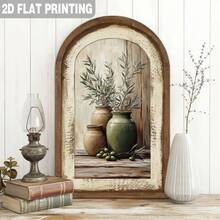 1pc 2D Flat, Vintage Rustic Olive Branch Flower Vase Arch Wooden Wall Decor, Suitable For Home, Kitchen, Living Room, Entryway, Office, Decorative Sign - A - View 2