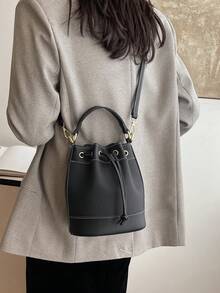 Bolso de cubo para mujer, bolso de hombro cruzado casual de paja con cordón - Beis - Ver 10