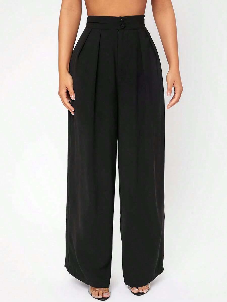 PETITE Pantalones De Vestir De Pierna Ancha Con Pliegues En La Cintura Alta - Negro - Ver 1