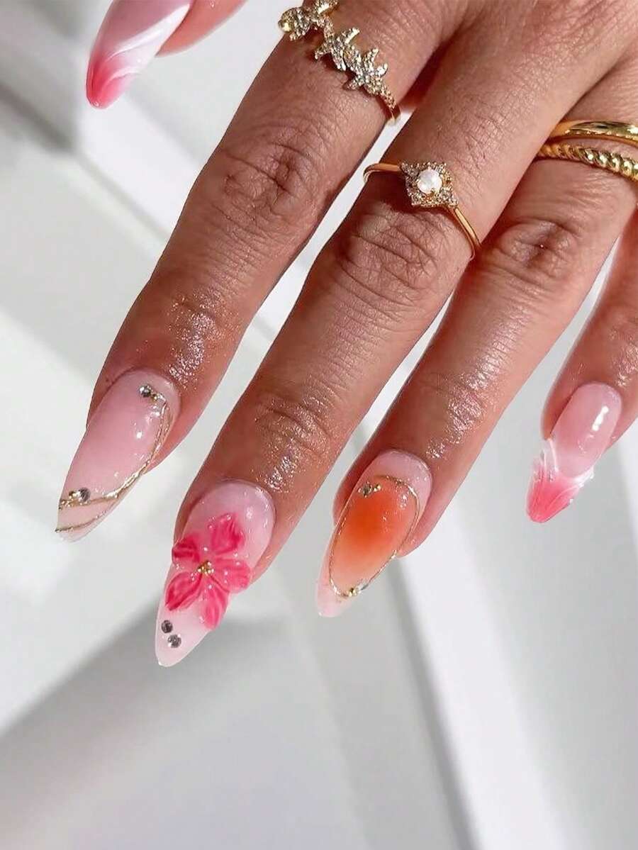 24 piezas de uñas postizas con forma de almendra, decoración de contraste de piedras diamante de imitación rosa y naranja, uñas de prensa reutilizables para el verano - Multicolor - Ver 1