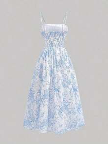Vestido midi plisado elegante con estampado floral para mujer - Azul y blanco - Ver 2