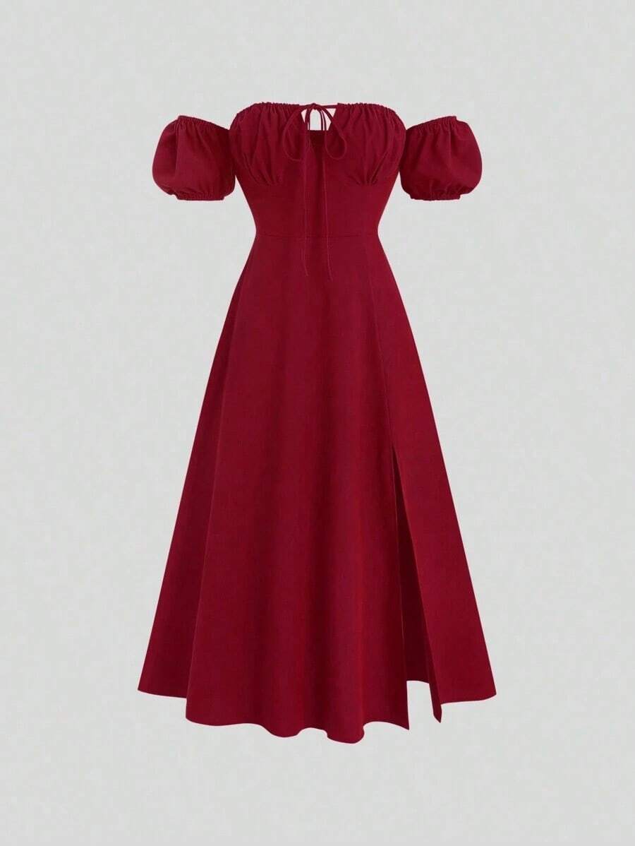YHHSweetra Vestido maxi de mujer estilo burdeos con hombros descubiertos y tejido de sarga a la modaYHH - Burdeos - Ver 1