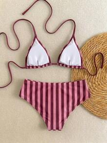 Nuevo conjunto de bikini con estampado de lunares sexy, espalda descubierta y lazo, con tirantes de espagueti para playa y piscina en vacaciones - Color caoba - Ver 2
