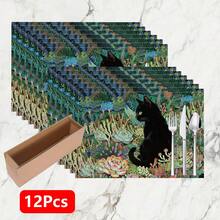 1件/4件/6件装猫咪图案亚麻餐垫，适用于餐桌，四季皆宜，现代可水洗餐垫，房间装饰，杯垫，厨房餐垫，室内外派对装饰，家居装饰，理想礼物 - 彩色 - 查看 13