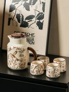 DearDali 1pc 38.8oz Vintage Beverage Pitcher With Brown Sketch Floral & Bird Pattern, Ceramic Water Bottle Summer Cold Drink Teapot, Ideal Cold Drink Container, Home Desktop Decor, Suitable For Daily Kitchen Use And Gift - Multicolor - View 12
