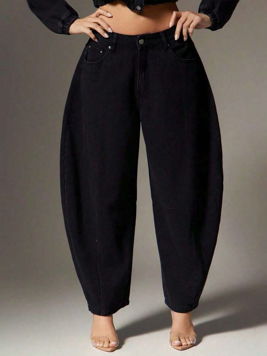 Jeans de pierna de barril lavados, moda de mezclilla para otoño e invierno, conjunto de mezclilla sobre mezclilla - Negro - Ver 1