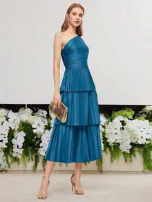 PREMIUM Vestido De Un Hombro Ajustado Tejido Con Pliegues - Azul - Ver 4