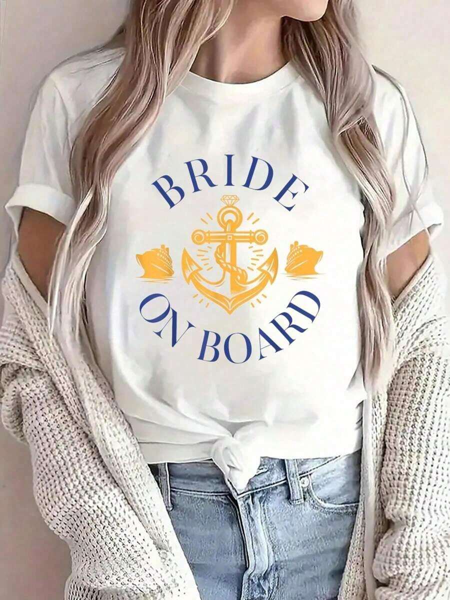 100% algodón Camiseta Casual con Cuello Redondo Estampada "Bride On Board" para Despedida de Soltera, Estilo Náutico, Ropa de Mujer - Blanco - Ver 1