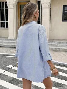 Conjunto de camisa y pantalones cortos de rayas verticales de moda para mujer - Azul - Ver 2