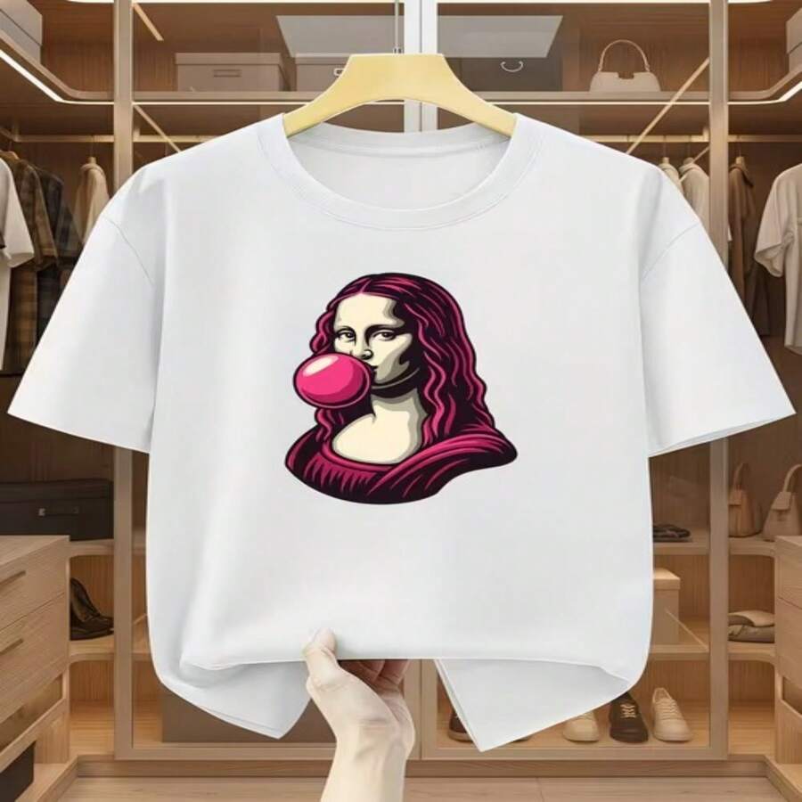 Camiseta informal blanca de algodón para mujer con estampado de la Mona Lisa en color chicle, manga corta, cuello redondo, corte regular, estilo streetwear. - Blanco - Ver 1