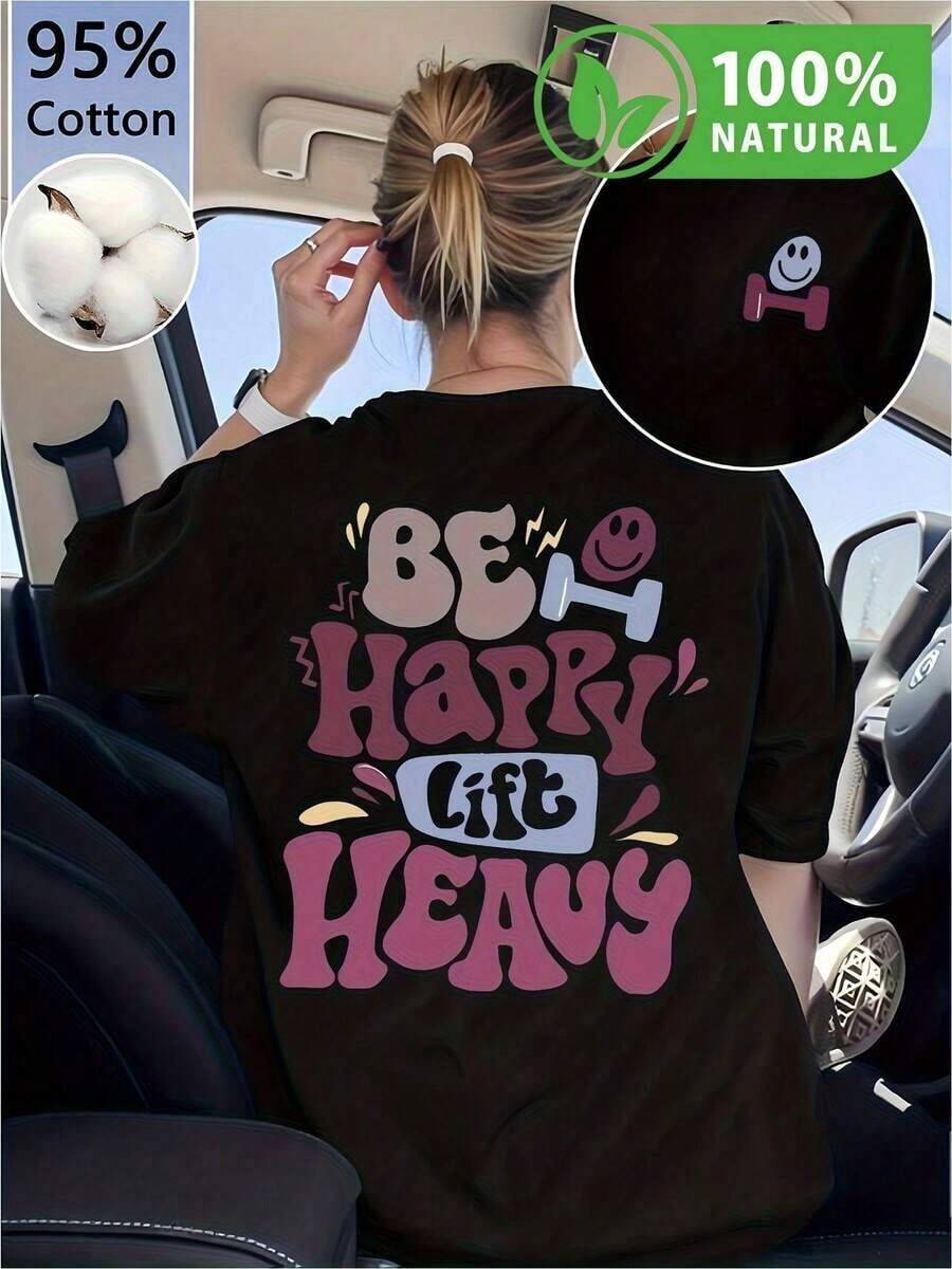 Mexican Fashion T-Shirt With Motivational Design Be Happy Lift Heavy, High Quality 95% Cotton, Casual, Urban Youth Style, Perfect For Summer With A Unique And Positive Print, Ideal For Those Looking For Comfort And Style At The Same Time - 黑色 - 查看 1