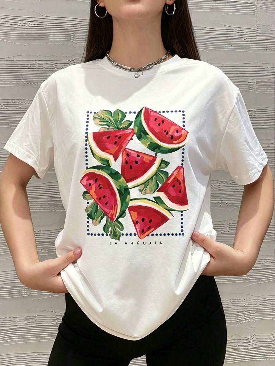 Camiseta casual de manga corta grande para mujer - Camiseta gráfica de verano con estampado de sandía, cuello redondo, transpirable, lavable en máquina, ajuste cómodo para atuendo casual - Blanco - Ver 1