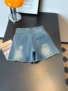 ALO FASHION Shorts vaqueros casuales y bonitos para mujer con decoración de malla metálica con diamantes, pierna recta, corte alto elástico, estilo fiesta. - azul real - Ver 3