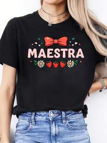 Women's Casual Short-Sleeved, Round-Neck Sports T-Shirt With Spanish Letter Print For Spring And Summer - 黑色 - 查看 1