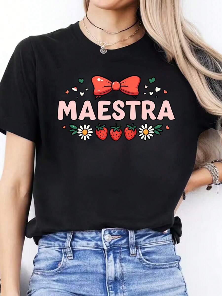Women's Casual Short-Sleeved, Round-Neck Sports T-Shirt With Spanish Letter Print For Spring And Summer - 黑色 - 查看 1