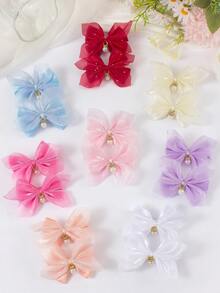 8pcs Candy Color Sweet Double-Layer Tulle Bow Hair Clips With Rhinestone & Pearl Pendant, Cute Girl Princess Hair Accessories For Daily Wear And Party - Multicolor - View 2