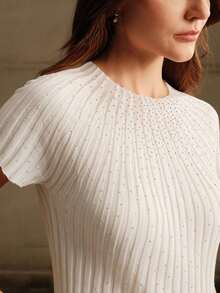 Blusa de punto semitransparente con decoración de strass y mangas cortas elegante para mujer - Blanco - Ver 8